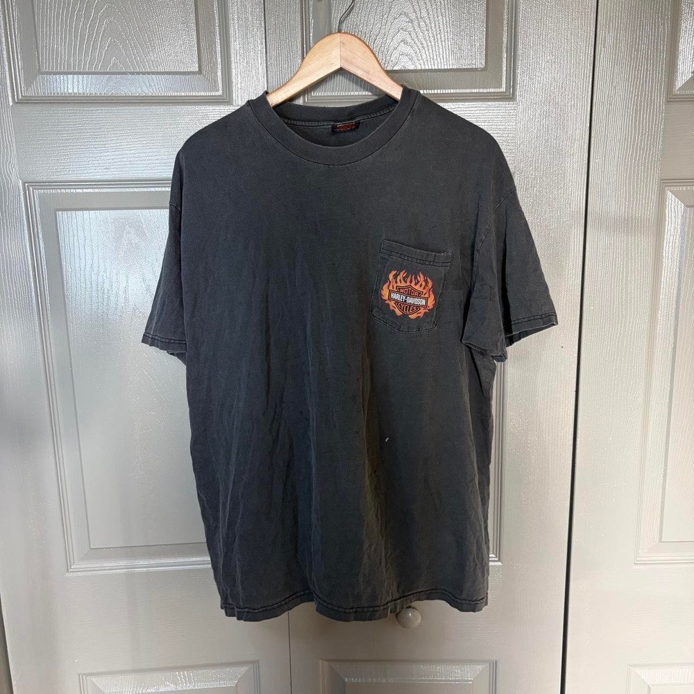 Vintage Harley Davidson Galesburg IL Eagle Flame Pocket T-Shirt Mens XL Black